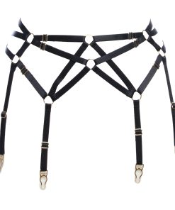 Six Strap Bondage Garter Belt in Black With Golden Sliders