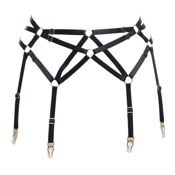 Six Strap Bondage Garter Belt in Black With Golden Sliders