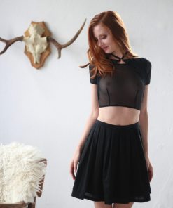 Black Mesh Choker Crop Top With Short Sleeves