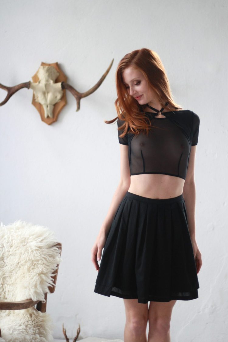 Black Mesh Choker Crop Top With Short Sleeves