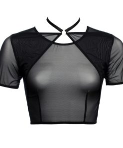 Black Mesh Choker Crop Top With Short Sleeves