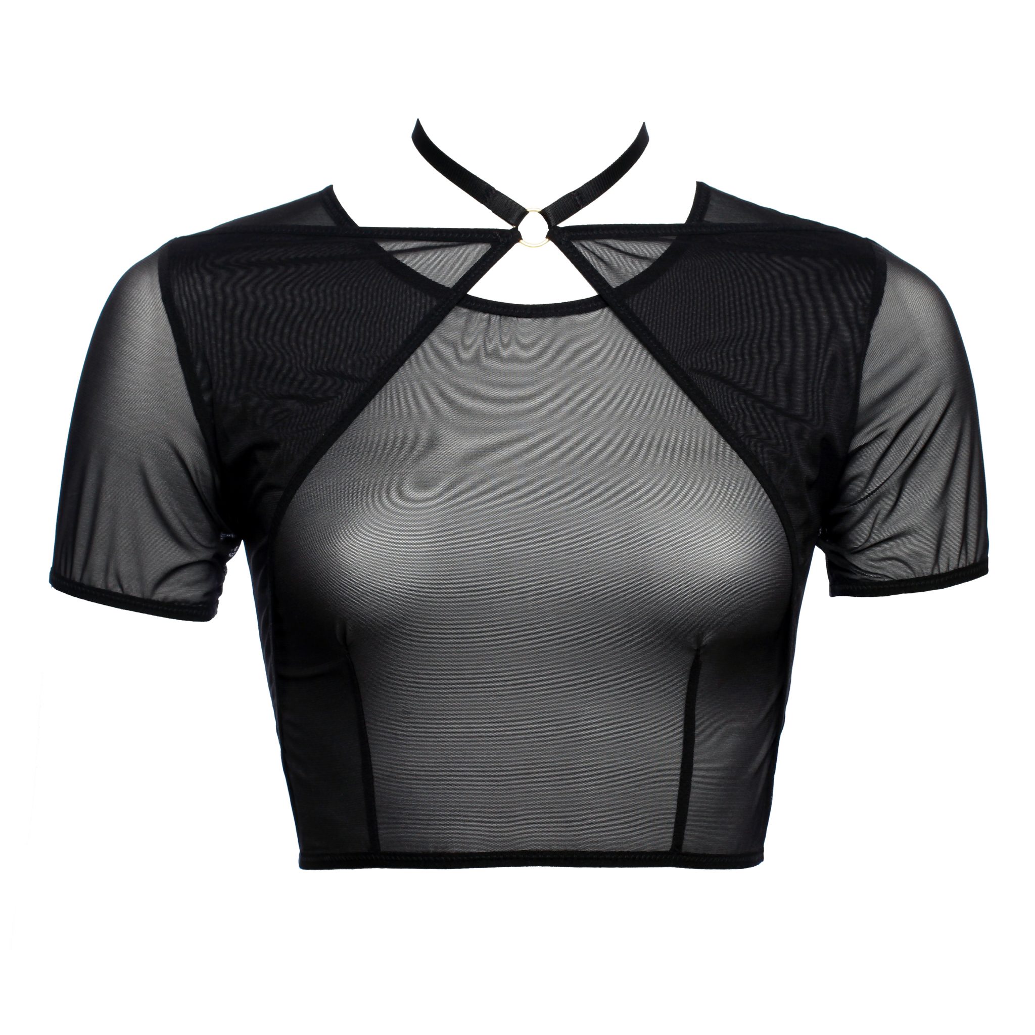 Black Mesh Choker Crop Top With Short Sleeves by Flash