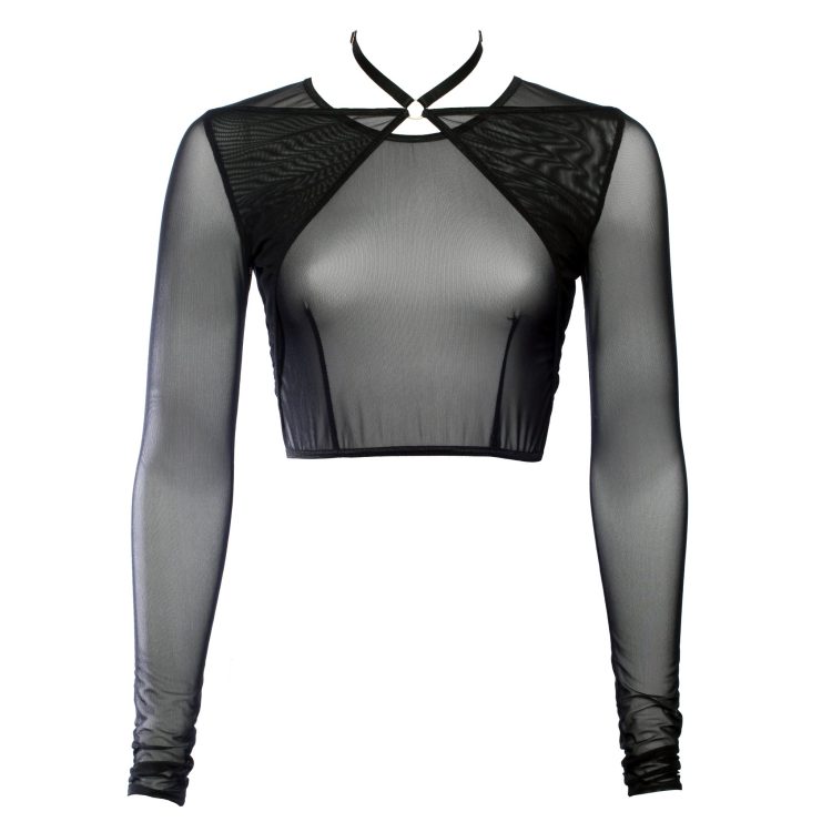 Black Mesh Choker Crop Top With Long Sleeves