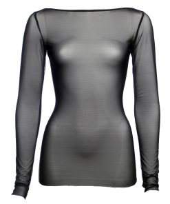 Black Mesh Boat Neck Top With Long Sleeves