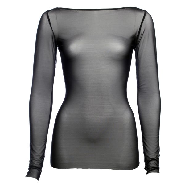 Black Mesh Boat Neck Top With Long Sleeves