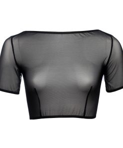 Black Mesh Boat Neck Crop Top