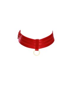 Red Choker Bondage Accessory With Golden Sliders and Ring