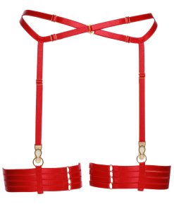 Set of Red Bondage Garter Belt With Four Strap Leg Garters