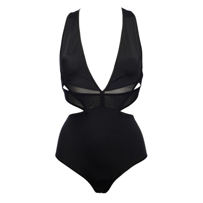 Black Monokini Swimsuit With Sheer Mesh Layering by Flash