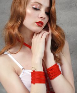 Red Hand Cuff Bondage Accessories With Golden Rings