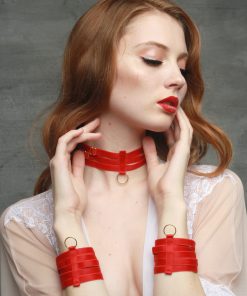 Red Hand Cuff Bondage Accessories With Golden Rings