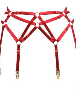 Six Strap Bondage Garter Belt in Red With Golden Sliders