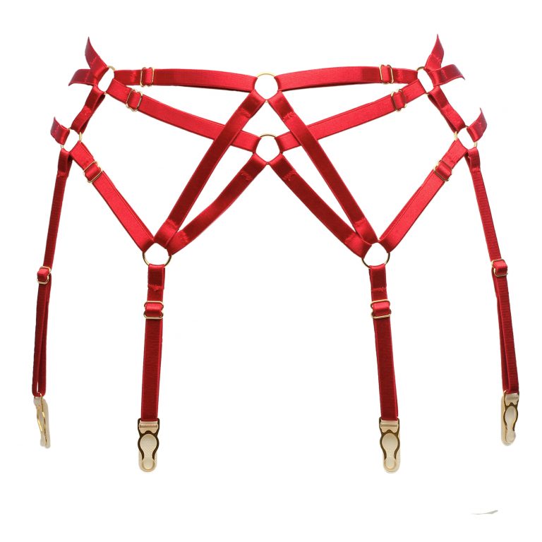 Red Mesh Six Strap Garter Belt With Golden Details by Flash Lingerie