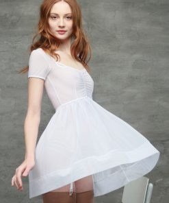 White Mesh Dress Gathered Babydoll With Deep Decollete