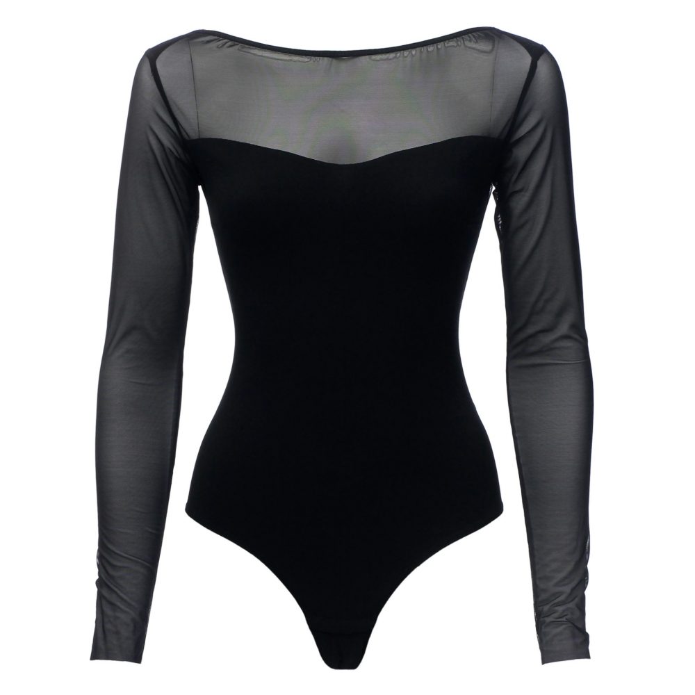 Black Layered Bodysuit With Long Sleeves by Flash Lingerie
