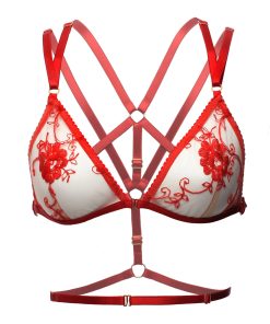 Red Lace Triangle Bralette With Bondage Detailing On the Back