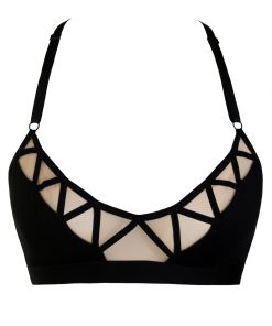 Black Jersey Bralette With Nude Mesh and Decorative Straps