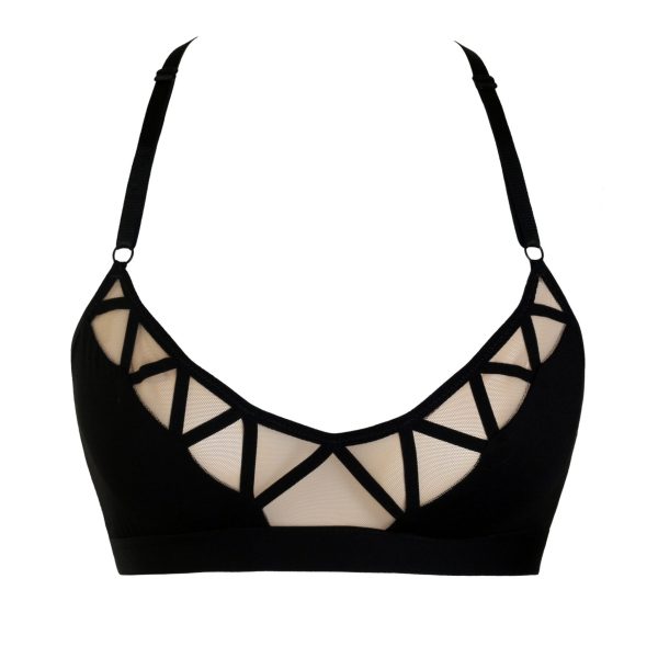 Black Jersey Bralette With Nude Mesh and Decorative Straps