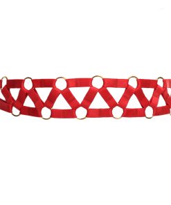 Red Bondage Belt with Decorative Golden Rings