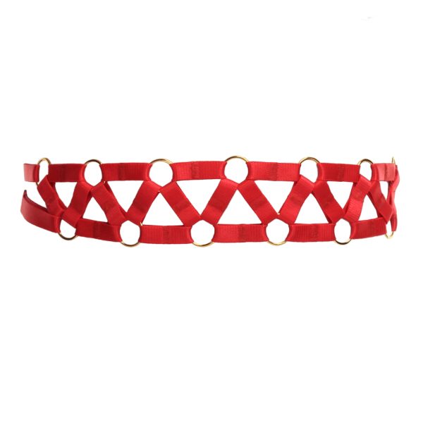 Red Bondage Belt with Decorative Golden Rings