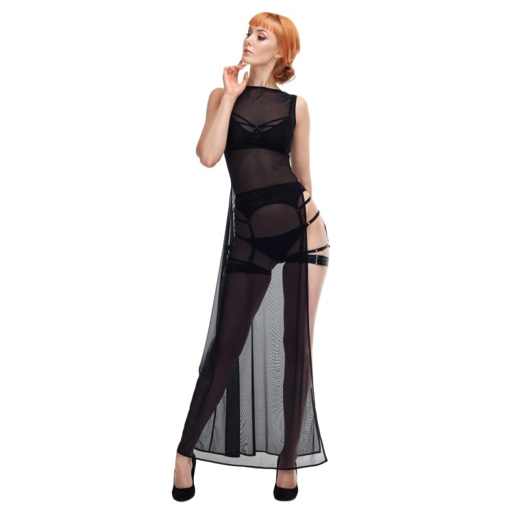 Sheer Black Mesh Long Dress with a Split