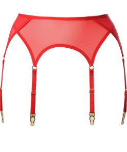 Red Mesh Six Strap Garter Belt With Golden Details