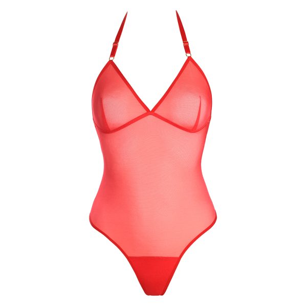 Red Mesh Thong Bodysuit