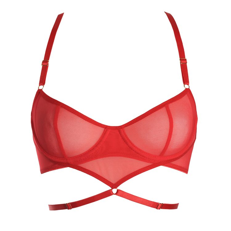 Red Mesh Underwire Bra With Triangle and Bondage Detailing