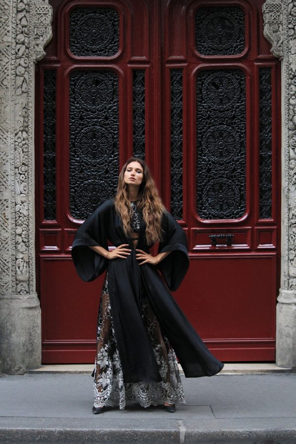 Black Lace Long Skirt with Floral Embroidery