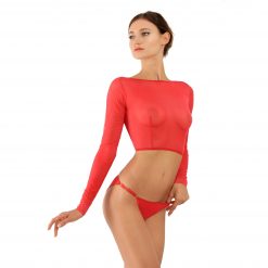 Red Mesh Crop Top with Long Sleeves by Flash you and me