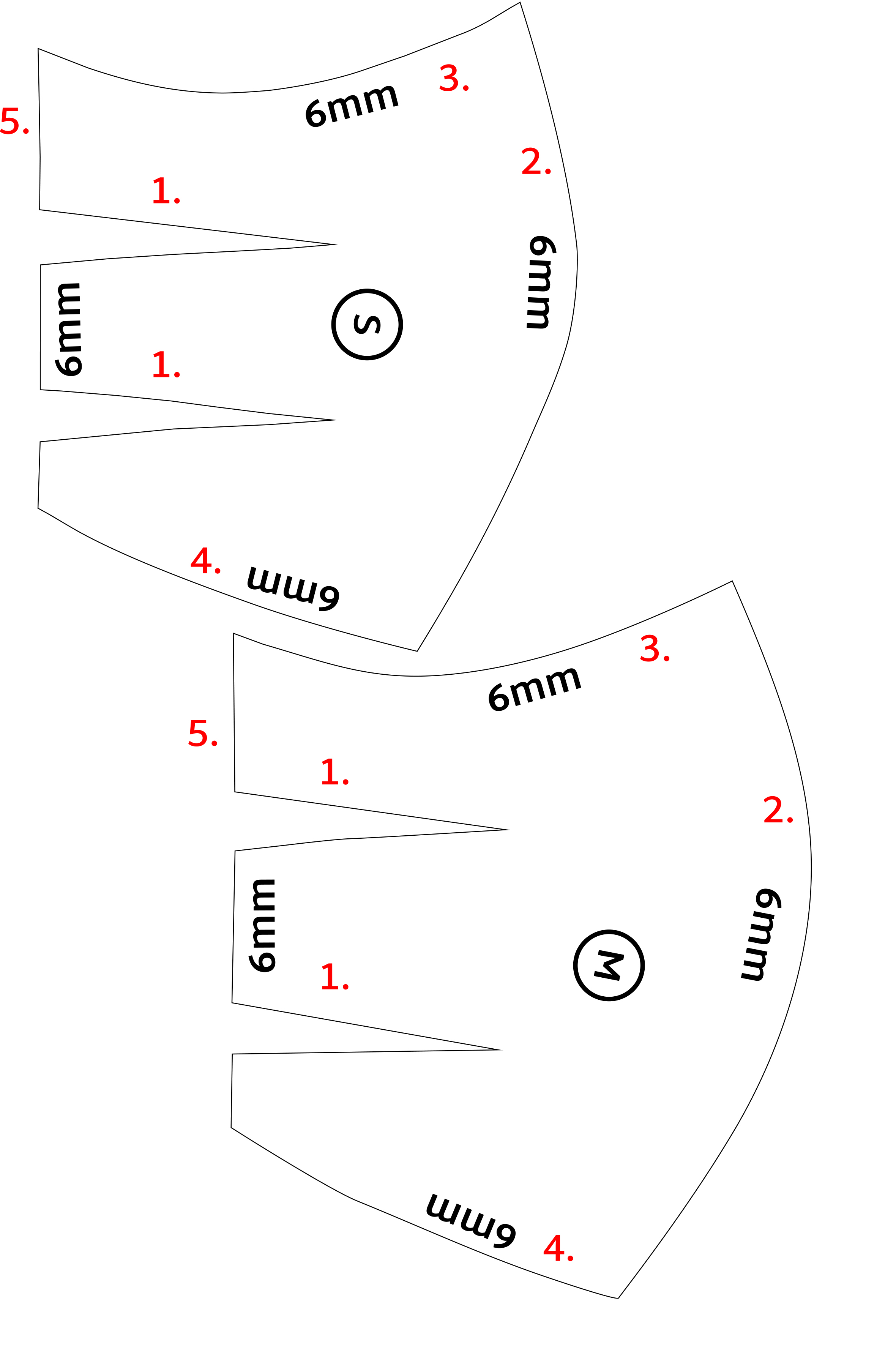 Pattern for fitted face mask in 2 sizes 1:1. One face mask needs 4 pieces - for a double layered face mask. For closure use elastic ear loops in 13-15cm of non elastic strings to tie around your face.