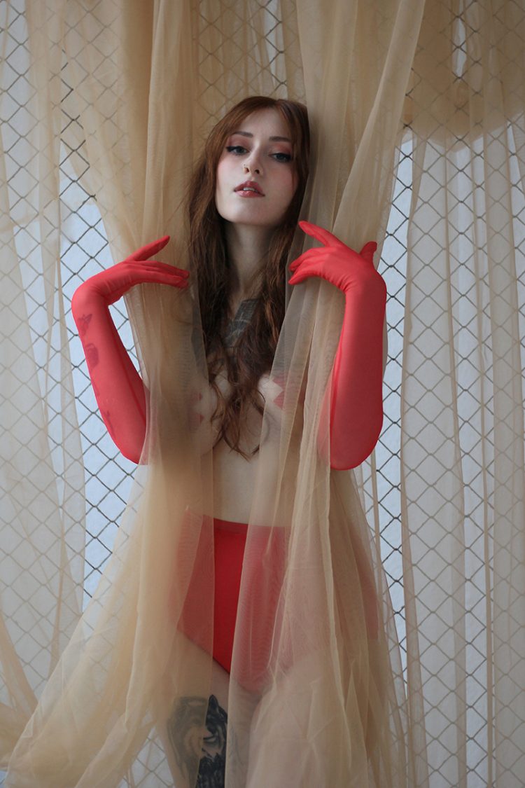 Long Sheer Red Mesh Gloves