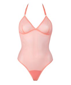 Peach Mesh Thong Bodysuit by Flash lingerie