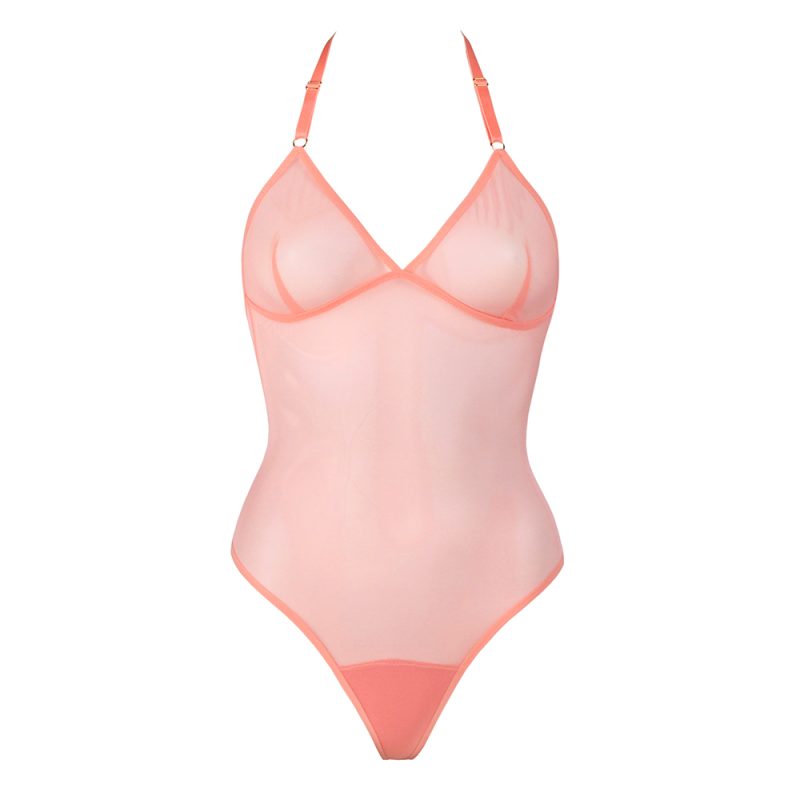 Peach Mesh Thong Bodysuit by Flash lingerie