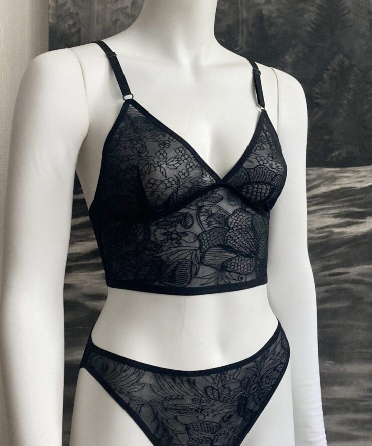 Dark sheer lingerie set on mannequin photoshoot