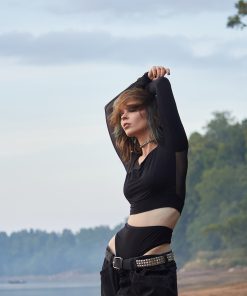 Asymmetric Mesh and Jersey Crop Top