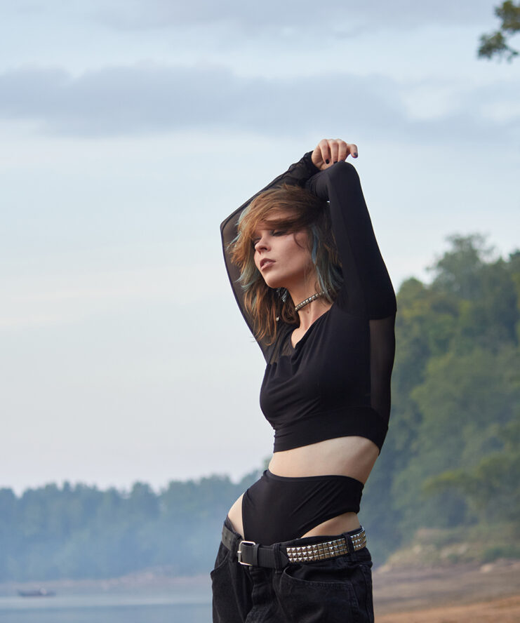 Asymmetric Mesh and Jersey Crop Top
