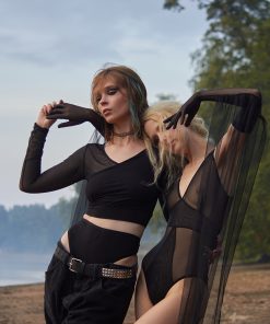 Asymmetric Mesh and Jersey Crop Top