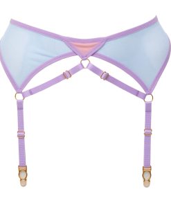 Product Photo of sheer blue mes hgarter belt with peach detailing and adjustable lavender bondage straps.