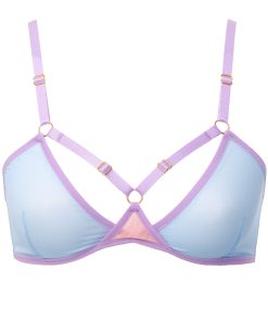 Sheer Light Blue Mesh Triangle Bralette with Lavender Bondage Straps and Golden Rings