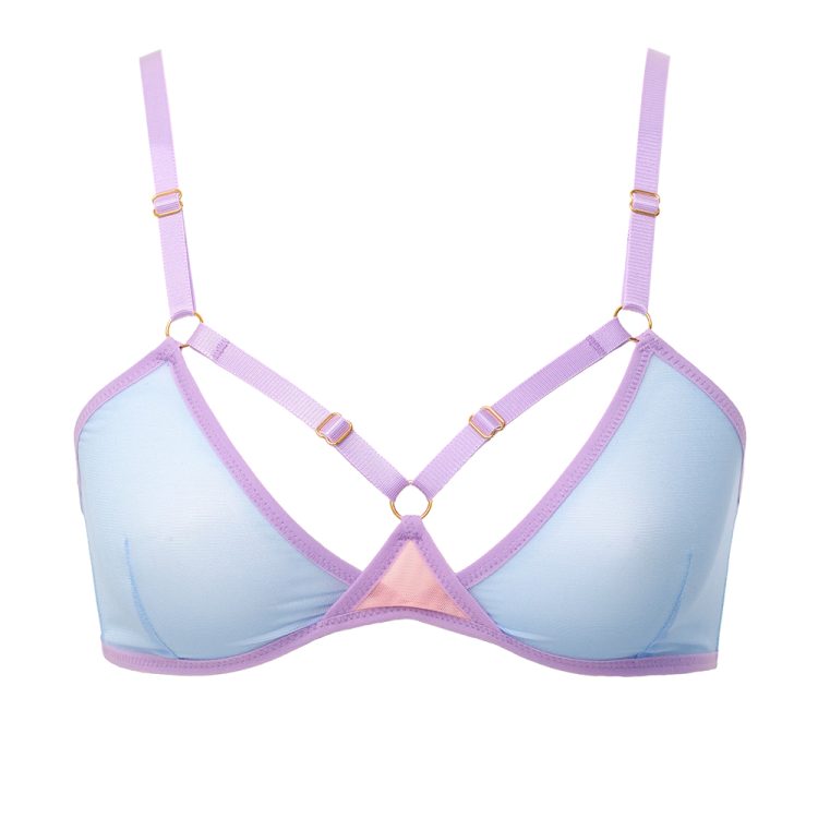 Sheer Light Blue Mesh Triangle Bralette with Lavender Bondage Straps and Golden Rings