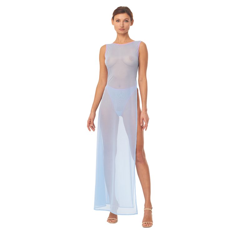 Light Blue Mesh Transparent Dress with a long side split