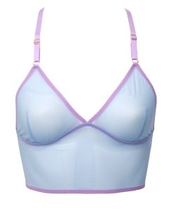 Product Photo of Light BLue Mesh Lingerie top with lavender trimming and shoulder straps