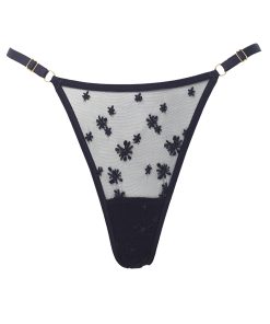 Product photo of very sheer black mesh thong with star embroidery and adjustable side straps