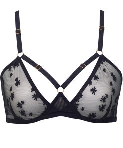 Product Photo of sheer black mesh triangle bralette with star embroidery and adjustable bondage straps